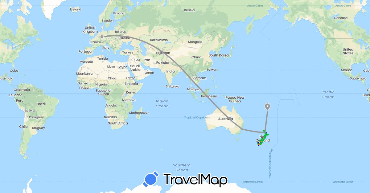 TravelMap itinerary: driving, bus, plane, boat, hitchhiking in Australia, Germany, Fiji, New Zealand, Thailand (Asia, Europe, Oceania)